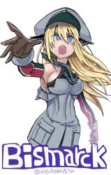 Rule 34 | 1girl, ayutamisin, bismarck (kancolle), blonde hair, blue eyes, breasts, brown gloves, character name, detached sleeves, dress, gloves, grey dress, grey hat, hair between eyes, hat, kantai collection, long hair, looking at viewer, medium breasts, one-hour drawing challenge, open mouth, peaked cap, simple background, sleeveless, sleeveless dress, solo, twitter username, white background