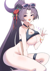 1girl absurdres bikini bikini_top_lift blue_archive blush clothes_lift commentary_request eyewear_on_head fang flower from_side hair_flower hair_ornament highres long_hair looking_at_viewer no_panties no_pants official_alternate_costume official_alternate_hairstyle open_mouth parted_bangs ponytail purple_eyes purple_hair red_flower skin_fang solo squatting sunglasses sweatdrop swimsuit teik0p thigh_strap yukari_(blue_archive) yukari_(swimsuit)_(blue_archive)