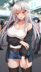 Rule 34 | 1girl, @ @, belt, black ribbon, blue shorts, breasts, butterfly hair ornament, cowboy shot, cutoffs, denim, denim shorts, etna (kuzuyu), hair ornament, highres, jacket, komori kuzuyu, large breasts, open clothes, open jacket, open mouth, original, red eyes, ribbon, see-through clothes, short shorts, shorts, smile, solo, thighhighs, thighs, white hair