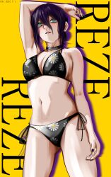 1girl absurdres arm_up artist_name bare_shoulders bikini black_bikini black_choker black_nails blush breasts chainsaw_man character_name choker cleavage dated floral_print folded_ponytail green_eyes grenade_pin hair_bun highres holding lml1880828 looking_at_viewer medium_breasts nail_polish navel parted_lips purple_hair reze_(chainsaw_man) short_hair simple_background single_hair_bun solo swimsuit teeth upper_teeth_only yellow_background