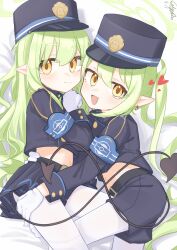 Rule 34 | 2girls, absurdres, black hat, black jacket, black shorts, black skirt, blue archive, closed mouth, demon tail, fang, gloves, glyphsss, green hair, green halo, halo, hand on another&#039;s hip, hat, heart, highres, hikari (blue archive), jacket, long hair, looking at viewer, midriff, multiple girls, navel, nozomi (blue archive), open mouth, pantyhose, peaked cap, pleated skirt, pointy ears, shorts, skin fang, skirt, tail, white gloves, white pantyhose, yellow eyes