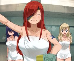 Rule 34 | 3girls, bare shoulders, blonde hair, blue eyes, breasts, cleavage, collarbone, colorized, eden&#039;s zero, elsie crimson, eyepatch, gaston18, highres, homura kogetsu, large breasts, long hair, mashima hiro, multiple girls, rebecca bluegarden, red hair, towel