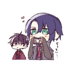Rule 34 | 2boys, athrun zala, black hair, blue hair, blush, camera, coat, compass uniform, er1ji6ou2004, gloves, green eyes, gundam, gundam seed, gundam seed freedom, heart, holding, holding camera, jacket, long sleeves, military, military uniform, multiple boys, necktie, red eyes, shinn asuka, shirt, short hair, short sleeves, simple background, taking picture