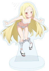 Rule 34 | 1girl, absurdres, blonde hair, blush, brown sandals, closed mouth, clothes pull, colored eyelashes, commentary request, flying sweatdrops, fundoshi, grey pants, groin, highres, japanese clothes, long hair, looking at viewer, mahou shoujo ni akogarete, morino korisu, navel, nekono matatabi, pants, pants pull, parted bangs, red eyes, sandals, sarashi, short eyebrows, simple background, socks, solo, thick eyebrows, very long hair, white background, white socks, zouri