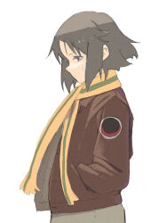 1girl bandage_on_face bandages brave_witches brown_jacket closed_mouth commentary_request cowboy_shot dot_mouth from_side green_scarf grey_hair hands_in_pockets head_down highres jacket kanno_naoe leather leather_jacket light_blush looking_at_viewer narrowed_eyes open_clothes open_jacket parted_bangs patch profile scarf shiratama_(hockey) short_hair shoulder_patch sidelocks simple_background solo two-tone_scarf white_background world_witches_series yellow_scarf