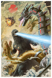 aircraft airplane amputee atomic_breath blue_eyes breath_weapon breathing_lightning building claws cloud cloudy_sky cyborg day debris destruction dinosaur dragon dust ears electricity energy energy_beam epic explosion extra_teeth f-15_eagle forked_tongue giant giant_monster giant_robot glowing glowing_eyes godzilla godzilla_(series) godzilla_vs._king_ghidorah gravity_beam green_eyes highres hydra kaiju king_ghidorah laser mecha mecha-king_ghidorah metal_wings military mixed_media monster mountain mouth_beam multiple_heads muscular muscular_arms muscular_legs muscular_other no_humans no_pupils official_art open_mouth overcast pablo_olivera pectorals plasma plasma_beam pointy_ears prosthesis prosthetic_head prosthetic_wing realistic red_eyes robot rubble sky skyscraper smoke solar_panel solar_panel_wings sparks spikes sun tail tendril textless_version thick_thighs thighs toho tongue tongue_out triple-laser_beam variant_set water waterpaint waves wings