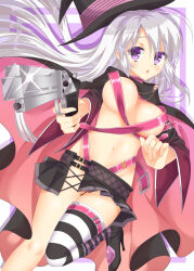 Rule 34 | 1girl, :o, ahoge, aiming, aiming at viewer, ayachi nene, belt, belt bra, black cape, black hat, black shoes, black skirt, black sleeves, blush, breasts, breasts apart, cape, colored eyelashes, commentary request, detached sleeves, drop shadow, dutch angle, eyes visible through hair, floating cape, floating hair, foot out of frame, foreshortening, fuyukichi (nikoniko1567), glint, gluteal fold, grey hair, groin, gun, hair between eyes, handgun, hands up, hat, high heels, highres, holding, holding gun, holding weapon, huge ahoge, knees together feet apart, large breasts, long hair, long sleeves, looking at viewer, miniskirt, navel, open mouth, pink belt, pink cape, pleated skirt, purple background, purple eyes, sanoba witch, shoes, side slit, sidelocks, simple background, single thighhigh, skirt, solo, standing, standing on one leg, striped clothes, striped thighhighs, thighhighs, thighs, two-sided cape, two-sided fabric, two-tone background, very long hair, weapon, white background, wide sleeves, witch, witch hat, zettai ryouiki