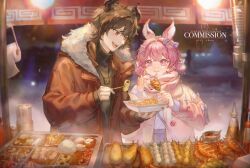 1boy 1girl animal_ears black_hair black_sweater brown_coat closed_mouth coat commentary commission demon_boy demon_horns eating english_commentary food_request food_stand fur-trimmed_coat fur_trim hair_intakes highres horns long_sleeves looking_at_another night open_mouth original outdoors pink_eyes pink_hair short_hair skewer smile steam sweater turtleneck turtleneck_sweater upper_body watermark winter_clothes yeej_chan