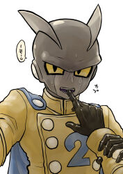 2boys android arms_up biting biting_another&#039;s_finger black_gloves blue_cape blush brothers cape colored_sclera colored_skin dolphin_boy dragon_ball dragon_ball_super dragon_ball_super_super_hero finger_in_another&#039;s_mouth fins gamma_1 gamma_2 gloves grey_skin head_fins heart highres holding holding_another&#039;s_wrist incest jacket looking_at_viewer male_focus multicolored_skin multiple_boys no_eyebrows number_print obata2nd open_mouth pov pov_hands siblings simple_background smile speech_bubble sweat teeth translation_request turtleneck turtleneck_jacket twins two-tone_skin upper_body white_background white_skin yaoi yellow_jacket yellow_sclera