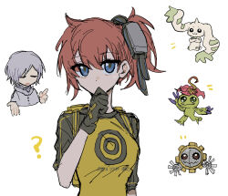 Rule 34 | aiba ami, blue eyes, digimon, digimon story: cyber sleuth, goggles, goggles on head, hagurumon, highres, long hair, palmon, red hair, sanada arata, sidetail, terriermon