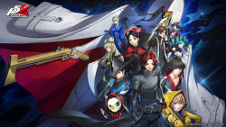 3boys 6+girls absurdres animal arai_motoha artist_request belt bird black-framed_eyewear black_hat brown_belt brown_eyes copyright_name dagger glasses hat highres holding holding_weapon hood hood_up janosik_(persona) japanese_clothes kamishiro_nagisa kanou_shun knife kurotani_kiyoshi li_yaoling merope_(p5x) multiple_boys multiple_girls noge_tomoko official_art owl persona persona_5 persona_5:_the_phantom_x pink_hat red_eyes red_hair tanemura_riko third-party_source tomiyama_kayo weapon wonder_(p5x) yui_(p5x)