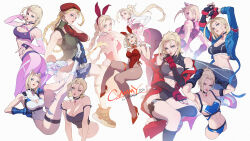 1girl animal_ears beret blonde_hair bodypaint boots braid breasts cammy_white camouflage cat_ears citemer cleavage combat_boots facial_scar garrison_cap gloves green_leotard hat high_heels highleg highres jacket large_breasts leotard long_hair looking_at_viewer midriff multiple_views navel off_shoulder open_clothes open_jacket playboy_bunny rabbit_ears red_leotard ribbed_leotard scar scar_on_cheek scar_on_face simple_background street_fighter thong_leotard twin_braids white_background