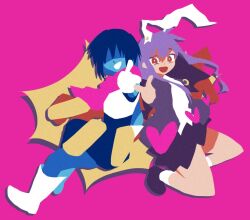 1girl 1other :d androgynous animal_ears black_hair black_shoes black_skirt blue_pants blue_skin boots colored_skin crescent crescent_pin crossover deltarune finger_gun full_body gloves hair_over_eyes jacket jumping kaiten_gunshuu_no_kage kris_(deltarune) long_hair long_sleeves looking_at_viewer no_lineart open_clothes open_jacket open_mouth pants pink_background pink_scarf pleated_skirt purple_hair purple_jacket rabbit_ears rabbit_girl red_eyes reisen_udongein_inaba scarf shirt shoes short_hair simple_background skirt smile socks touhou white_boots white_gloves white_shirt white_socks