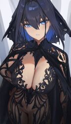 1girl absurdres alternate_costume black_cape black_dress black_hair black_veil blue_eyes blue_hair breasts cape chronopattern_dress cleavage colored_inner_hair commentary double-parted_bangs dress english_commentary fanged_bangs hair_between_eyes hair_flaps hair_intakes hand_on_own_hip highres hololive hololive_english large_breasts long_sleeves looking_at_viewer meme_attire multicolored_hair ouro_kronii parted_lips see-through_clothes see-through_dress short_hair solo veil virtual_youtuber yoellim5
