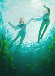 2girls absurdres among_us asimov_(spindle_(aidenr0)) barefoot bikini blue_bikini brown_hair commentary crewmate_(among_us) english_commentary from_below full_body grey_bikini highres holding_hands long_hair multiple_girls original ottilie_(spindle_(aidenr0)) partially_submerged seaweed spindle_(aidenr0) swimming swimsuit underwater underwater_shot when_you_see_it white_hair yuri
