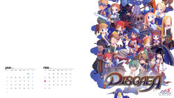 Rule 34 | 10s, 2016, 6+boys, 6+girls, :d, :o, antenna hair, archer (disgaea), backpack, bag, bandages, bandana, bandeau, bare shoulders, bat wings, belt, belt bra, bird, black hair, black legwear, blonde hair, blue hair, blunt bangs, bow, bow (weapon), bracelet, braid, breasts, brown hair, calendar, chain, closed eyes, collar, colored skin, copyright name, dated, demon girl, demon tail, detached sleeves, disgaea, drill hair, earrings, etna (disgaea), everyone, february, female angel (disgaea), female brawler (disgaea), female warrior (disgaea), flat chest, flonne, forehead protector, fur trim, gloves, goggles, goggles on head, green hair, grey skin, gun, hair bow, hair over shoulder, hairband, hakama, hakama skirt, half-closed eyes, halo, hand on hilt, handgun, harada takehito, headband, healer (disgaea), high ponytail, highres, hip vent, holding, holding weapon, huge weapon, january, japanese clothes, jewelry, laharl, logo, lolita hairband, long hair, looking at viewer, mage (disgaea), magic knight (disgaea), majin (disgaea), makai senki disgaea, male brawler (disgaea), male healer (disgaea), male warrior (disgaea), mid-boss (disgaea), midriff, miniskirt, multiple boys, multiple girls, navel, ninja (disgaea), official art, official wallpaper, open mouth, orange hair, outstretched arms, over shoulder, pantyhose, pencil skirt, penguin, planted, planted sword, planted weapon, pointy ears, polearm, ponytail, pouch, prinny, quiver, red hair, ribbon trim, ronin (disgaea), sarashi, sash, scarf, scout (disgaea), scythe, shadow, short hair, short twintails, shorts, sidelocks, silver hair, simple background, single braid, skirt, skull, skull (disgaea), skull earrings, slit pupils, smile, spear, spiked hair, staff, standing, stitches, stuffed animal, stuffed toy, sword, tail, thief (disgaea), thighhighs, topless male, twintails, unitard, very long hair, weapon, weapon over shoulder, white background, wings, zettai ryouiki