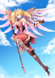1girl alternate_eye_color alternate_hairstyle arm_ribbon armor bare_shoulders blonde_hair blue_sky breasts cleavage cloud criss-cross_halter day dress female_focus finger_on_trigger fingerless_gloves fingernails flying full_body gloves greaves gun hair_ribbon halo halterneck handgun highres holding holding_gun holding_staff holding_weapon kuzunue leg_up looking_to_the_side mechanical_halo mechanical_wings medium_breasts medium_hair mercy_(overwatch) nail_polish nose official_alternate_costume open_mouth outdoors overwatch overwatch_1 pelvic_curtain pink_dress pink_gloves pink_lips pink_mercy pink_nails pink_ribbon pink_thighhighs pink_wings pistol red_eyes ribbon sky solo spread_wings staff thighhighs twintails weapon wings