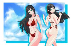 1girl absurdres assymptoad bikini black_hair blunt_bangs cloud cloudy_sky flying_witch green_eyes highres kowata_makoto long_hair looking_at_viewer red_bikini side-tie_bikini_bottom simple_background sky string_bikini swimsuit thong thong_bikini