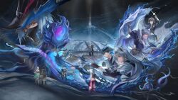 1other 3boys 6+girls absurdres arknights black_gloves black_hair black_hat blue_hair carmen_(arknights) character_request doctor_(arknights) gladiia_(arknights) gloves grey_hair gun hat highres holding holding_gun holding_polearm holding_shield holding_sword holding_weapon hood hooded_jacket irene_(arknights) jacket kal&#039;tsit_(arknights) lantern long_hair lumen_(arknights) mask mouth_mask multicolored_hair multiple_boys multiple_girls off_shoulder pink_eyes pointy_ears polearm red_eyes shield short_hair skadi_(arknights) specter_(arknights) specter_the_unchained_(arknights) sword two-tone_hair ulpianus_(arknights) underflow_(arknights) very_long_hair weapon yellow_eyes zzhin3