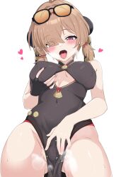 1girl absurdres blush breasts brown_hair china_dress chinese_clothes clothing_cutout commentary_request dress eyewear_on_head female_masturbation fingerless_gloves gloves grabbing_own_breast hair_ribbon heart heavy_breathing highres kurobe_18 large_breasts masturbation open_mouth purple_eyes pussy_juice red_ribbon ribbon simple_background single_fingerless_glove solo spoken_heart spread_pussy spread_pussy_under_clothes sweety_(zenless_zone_zero) tinted_eyewear tongue tongue_out twintails underboob_cutout white_background zenless_zone_zero