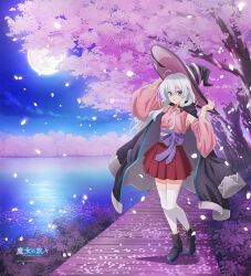 Rule 34 | 1girl, ahoge, black boots, black coat, black hat, boots, cherry blossoms, coat, coat on shoulders, detached sleeves, elaina (majo no tabitabi), falling petals, full body, full moon, grey hair, hair between eyes, hat, long hair, long sleeves, looking at viewer, majo no tabitabi, moon, night, night sky, official art, open clothes, open coat, outdoors, parted lips, petals, red skirt, skirt, sky, solo, standing, thighhighs, white thighhighs, wide sleeves, witch, witch hat, zettai ryouiki
