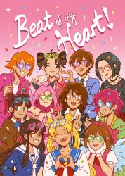 1boy 6+girls akatsuki_no_yona andythelemon animal_ears ayuzawa_misaki bishoujo_senshi_sailor_moon black_hair blonde_hair brown_hair cardcaptor_sakura cat cat_ears choker earrings english_text fruits_basket fujioka_haruhi full_moon_wo_sagashite fushigi_yuugi glasses gloves hands_on_own_face heart heart_hands highres honda_tooru jewelry kaichou_wa_maid-sama! kinomoto_sakura kouyama_mitsuki long_hair mogami_kyouko momomiya_ichigo multiple_girls nana_(manga) orange_hair osaki_nana ouran_high_school_host_club piercing pink_background pink_gloves pink_hair school_uniform short_hair skip_beat! smile takuto_kira tokyo_mew_mew tomoeda_middle_school_uniform tsukino_usagi white_gloves yona_(akatsuki_no_yona) yuuki_miaka