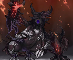 1girl absurdres black_hair breasts brown_background claws colored_tongue commentary dark_skin ekrea_jan extra_arms full_body groin highres horns long_hair monster_girl monster_hunter_(series) multiple_horns navel no_eyes open_mouth purple_tongue small_breasts squatting stomach white_scales zoh_shia