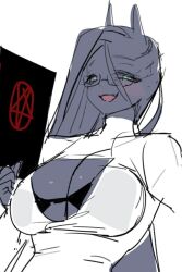 1girl blush breasts cleavage demon_girl eeeeee03714610 fang glasses green_eyes large_breasts long_hair looking_at_viewer open_mouth round_eyewear semi-rimless_eyewear solo under-rim_eyewear upper_body white_background