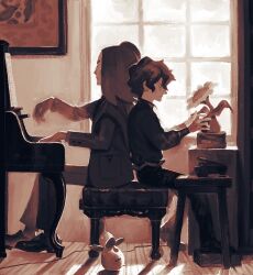 2boys brassius_(pokemon) closed_mouth commentary creatures_(company) from_side game_freak hassel_(pokemon) indoors instrument jacket jinkichi long_sleeves male_focus multiple_boys music nintendo pants piano playing_instrument pokemon pokemon_(creature) pokemon_sv shoes short_hair sitting smoliv stool symbol-only_commentary upright_piano window
