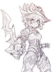 1girl absurdres armor asymmetrical_bangs belt breasts commentary commission dang_(runescape) duellist&#039;s_cap_(tier_6) english_commentary final_fantasy final_fantasy_tactics gauntlets gloves hat highres holding holding_sword holding_weapon knight leg_armor medium_breasts medium_hair monochrome old_school_runescape original parororo ponytail runescape second-party_source shoulder_armor simple_background sketch solo strap sword weapon
