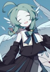 1girl :d ^_^ ahoge angel_wings aqua_background aqua_bow aqua_bowtie arm_at_side bare_shoulders black_shirt black_skirt bow bowtie closed_eyes colored_lineart colored_skin cowboy_shot detached_sleeves facing_viewer falling_feathers feathers gradient_background green_hair hand_up head_tilt head_wings highres long_skirt low-tied_sidelocks mari_sleep middle_part mini_wings open_mouth original parted_hair pleated_skirt shirt short_hair sidelocks skirt smile solo standing white_feathers white_skin white_wings wings