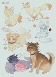 animalization atou_haruki ball blue_eyes cat closed_eyes commentary_request dog donut flower flying_sweatdrops food fox glasses grey_background hatsutori_hajime highres isoi_reiji kanou_aogu korean_text mouse_(animal) no_humans omo_taru open_mouth pink_flower rabbit saibou_shinkyoku shinano_eiji simple_background sprout_on_head sweat tail tail_wagging tennis_ball tongue tongue_out translation_request utsugi_noriyuki