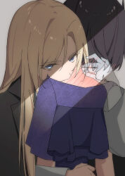 2girls absurdres biting black_coat black_hair blonde_hair blue_eyes coat commentary dress eydhtn73bguru8r grey_background hand_on_another&#039;s_face hashtag-only_commentary highres kamikoshi_sorawo long_hair multiple_girls neck_biting neck_blush nishina_toriko purple_dress short_hair simple_background transparent_hand urasekai_picnic yuri