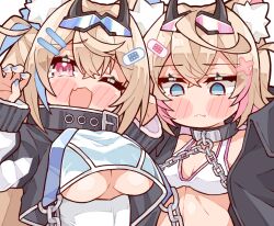 2girls animal_ear_fluff animal_ears bikini black_coat black_jacket blonde_hair blue_eyes blue_hair blush_stickers breasts claw_pose coat commentary cropped_jacket dog_ears dog_girl fang flat_chest fuwawa_abyssgard highres hololive hololive_english jacket kukie-nyan large_breasts looking_at_breasts mococo_abyssgard multiple_girls one_eye_closed open_clothes open_coat open_jacket open_mouth pink_hair siblings sisters skin_fang solo swimsuit twins two_side_up underboob upper_body virtual_youtuber white_background white_bikini