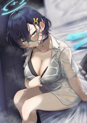 1girl absurdres aqua-framed_eyewear black_bra black_hair blue-framed_eyewear blue_archive bra breasts chihiro_(blue_archive) cleavage collared_shirt glasses hair_ornament halo highres jacket large_breasts looking_at_viewer necktie on_bed rabbit_hair_ornament ryusei_(ster0629) semi-rimless_eyewear shirt short_hair skirt steam steaming_body sweat underwear unworn_necktie unworn_skirt white_shirt