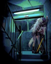 2girls animal_ears ara_200117 arknights black_boots black_hair black_jacket black_shoes boots commentary highres holding holding_sword holding_weapon indoors jacket kabedon lappland_(arknights) long_hair long_sleeves material_growth multiple_girls oripathy_lesion_(arknights) shoes stairs sword symbol-only_commentary tail texas_(arknights) weapon white_hair wolf_ears wolf_girl wolf_tail yuri