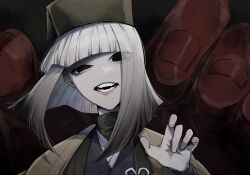 1girl black_eyes black_hair black_kimono blunt_bangs chajinbou creepy_eyes disembodied_hand fate/grand_order fate_(series) flower ghost_hands giant_hand gradient_hair grey_hair gs999000 hat highres japanese_clothes kimono long_sleeves looking_at_viewer medium_hair multicolored_hair sen_no_rikyu_(fate) sen_no_rikyu_(second_ascension)_(fate) smile solo white_hair wide_sleeves