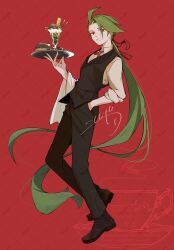 1girl androgynous black_pants black_shoes black_suit black_vest clodsire food formal_clothes full_body green_hair hair_ribbon hand_in_pocket highres ice_cream long_hair looking_at_viewer low_ponytail nintendo nirugiri_(nirgy) paldean_wooper pants pokemon pokemon_sv ponytail red_background red_eyes reverse_trap ribbon rika_(pokemon) shirt shoes solo standing suit sundae swept_bangs tray vest white_shirt