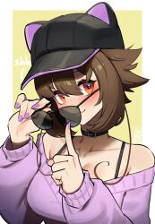 Rule 34 | 1girl, :3, absurdres, baseball cap, black-framed eyewear, black choker, black hat, blush, breasts, brown hair, choker, collarbone, commentary, english commentary, eyewear pull, hair between eyes, hat, hat with ears, highres, index finger raised, long sleeves, looking at viewer, medium breasts, nail polish, off-shoulder sweater, off shoulder, original, pink sweater, purple nails, red eyes, short hair, simple background, smile, solo, sunglasses, sweater, tostantan, upper body, yellow background