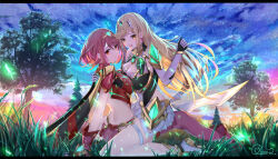 2girls absurdres blonde_hair breasts geez highres large_breasts multiple_girls mythra_(xenoblade) pyra_(xenoblade) red_eyes red_hair xenoblade_chronicles_(series) xenoblade_chronicles_2 yellow_eyes