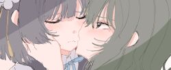 2girls blue_ribbon blush closed_eyes closed_mouth commentary_request gakuen_idolmaster green_eyes green_hair hataya_misuzu highres idolmaster imminent_kiss inuokina long_hair looking_at_another mole mole_under_mouth multiple_girls neck_ribbon parted_lips purple_hair ribbon tsukimura_temari yuri