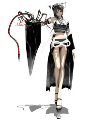 1girl 3d android aqua_eyes bare_shoulders black_hair calne_ca_(deino) crop_top crustacean deino_(deino3330) detached_sleeves full_body funamushi heterochromia highres isopod legs long_hair maebari magnesium_(maeda_koutarou) mechanical midriff nail_polish nato-kun navel original outstretched_arm platform_footwear red_eyes shadow simple_background toenail_polish toenails vocaloid white_background