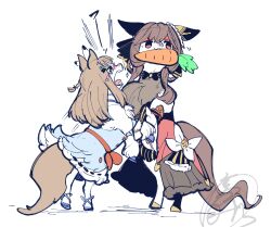 Rule 34 | :3, almond eye (umamusume), animal ears, blue eyes, blunt bangs, bow, braid, carrot, commentary, creature, doyagao, ear covers, ear ornament, food in mouth, gentildonna (umamusume), hair ornament, hairclip, highres, hooves, horse ears, horse tail, long hair, motion lines, no humans, rearing, red eyes, sidelocks, signature, smug, star (symbol), star in eye, symbol in eye, tail, takatsuki nato, umamusume, waist bow, watermark