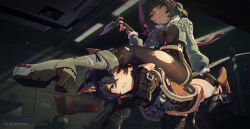 2girls animal_ear_fluff animal_ears bdsm belle_(zenless_zone_zero) bitchsuit black_hair blue_eyes boots breasts cat_ears cat_girl clenched_teeth dagger earrings fake_animal_ears femdom fingerless_gloves from_below gloves grin highres holding holding_dagger holding_knife holding_weapon humiliation icecake jacket jane_doe_(zenless_zone_zero) jewelry knife long_sleeves medium_breasts mouse_ears multiple_girls no_shoes open_clothes open_jacket orange_panties panties pantyhose pet_play red_nails restrained right_shoe_removed short_hair single_boot sitting sitting_on_person smile teeth torn_clothes torn_pantyhose underwear weapon yuri zenless_zone_zero