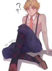 1boy ? aged_down baiyishaonian_huam birthmark blonde_hair dated dio_brando jojo_no_kimyou_na_bouken kneehighs male_focus necktie red_eyes signature simple_background socks solo suspenders sweat