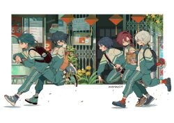5boys alternate_costume anger_vein apple apple_core backpack bag bead_bracelet beads black_hair blue_hair bottle bowl bracelet braid closed_eyes commentary crocs english_commentary flower food from_side fruit genshin_impact green_eyes green_hair hair_between_eyes hand_in_pocket holding holding_bag instrument jacket jewelry kaedehara_kazuha long_sleeves male_focus multiple_boys open_clothes open_jacket open_mouth overine19 pants ponytail red_eyes red_hair running scaramouche_(genshin_impact) shikanoin_heizou shirt shoes sign sneakers throwing tongue tongue_out track_jacket track_pants twin_braids venti_(genshin_impact) white_hair xiao_(genshin_impact) yellow_flower