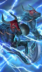 animal_focus aqua_background aqua_theme bull chain commentary fate/grand_order fate/zero fate_(series) glowing glowing_eyes gordius_wheel_(fate) harness lasengle lightning no_humans official_art red_eyes reins running third-party_source