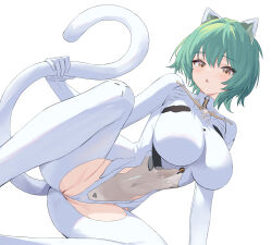 1girl absurdres admiral_nakhimov_(azur_lane) animal_ears azur_lane blush bodysuit breasts commentary_request covered_navel fake_animal_ears fake_tail green_hair groin highleg highres holding_own_tail impossible_bodysuit impossible_clothes large_breasts looking_at_viewer lying on_side open_mouth see-through_clothes short_hair simple_background solo tail thighs white_background white_bodysuit white_tail yellow_eyes youtanhuayuan255