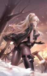 Rule 34 | 1girl, artist request, asymmetrical legwear, bare tree, belt, belt bag, belt buckle, black-framed eyewear, black bag, black belt, black boots, black coat, black gloves, black leotard, blonde hair, blood, blood stain, boots, brown pantyhose, buckle, chest belt, closed mouth, cloud, cloudy sky, coat, coat on shoulders, coin, collared coat, cowboy shot, fingerless gloves, floating hair, game cg, glasses, gloves, grey eyes, hand on hilt, high collar, high ponytail, highres, holding, holding coin, katana, leotard, light smile, lipstick, long hair, looking at viewer, makeup, multiple belts, nikki (series), official art, outdoors, pantyhose, pink lips, ponytail, shining nikki, sidelocks, single fingerless glove, single thigh boot, sky, snow, snowing, solo, standing, sunset, sword, thigh belt, thigh boots, thigh strap, tree, very long hair, wading, wavy hair, weapon, zoey (shining nikki)
