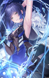 1girl absurdres armpits black_bodysuit black_gloves blue_hair blunt_bangs blunt_ends blush bob_cut bodysuit braid breasts cleavage commentary cowboy_shot dice film_grain fujizarashi genshin_impact gloves green_eyes head_tilt highres large_breasts looking_at_viewer magic parted_lips sidelocks single_glove solo yelan_(genshin_impact)